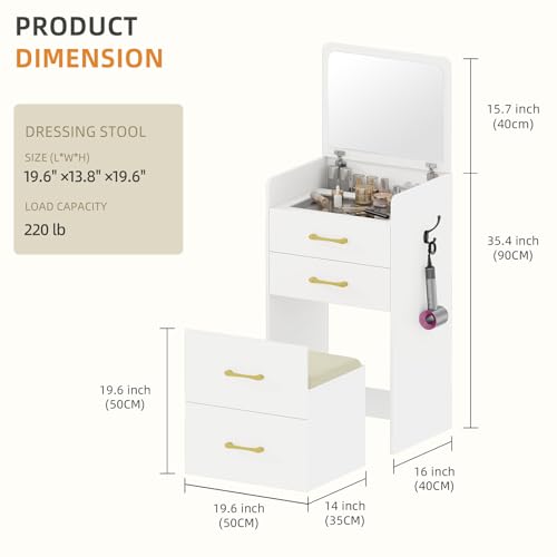Gurexl 3 in 1 Vanity Desk with Flip Top Mirror for Bedroom,Small Compact Vanity with Visible Glass Desktop for Cloakroom,Makeup Vanity Set with 3 Drawers,Cushioned Stool,Dressing Table,White Gurexl