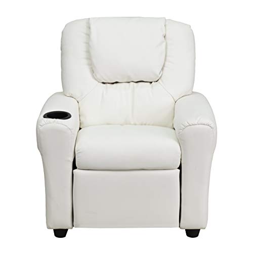 Flash Furniture Vana Vinyl Kids Recliner with Cup Holder, Headrest, and Safety Recline, Contemporary Reclining Chair for Kids, Supports up to 90 lbs., White