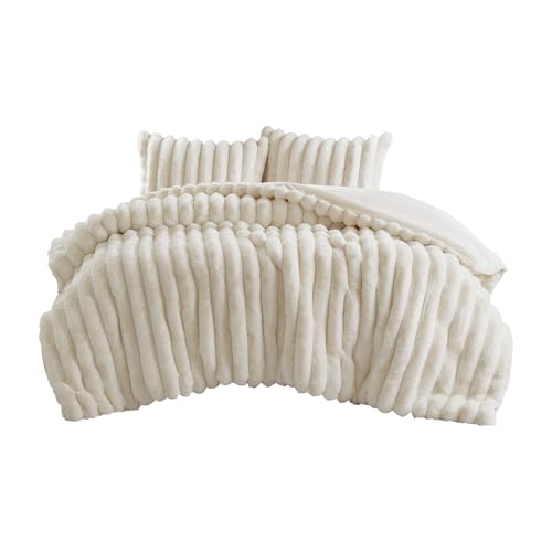 Madison Park Jasmine King Comforter Set, Luxurious Reversible Faux Fur Plush Ribbed Velvet Bedding, Fuzzy Thick Warm Winter Comforter, Super Soft Fluffy 3-Piece Set Ivory Madison Park