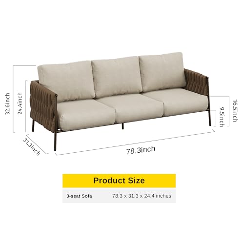EAST OAK Life Chatter Modern Patio Sofa, 3 Seats with Waterproof Thick Cushions, Deep Seating for Outdoor Garden Porch & Blackyard, Chestnut Brown & Creamy Apricot EAST OAK