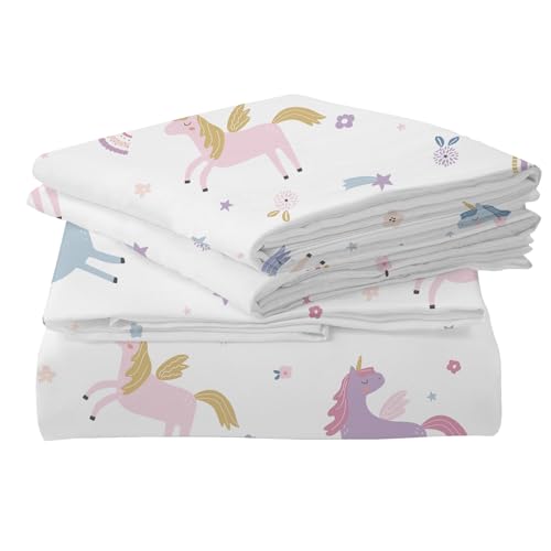 MUSOLEI Unicorn Fitted Sheet Set Full Unicorn Bedding Girls Rainbow Star Sheet Pink Flower Bedding Set Unicorns Girl Bed Sheets 1 Fitted Sheet with 2 Pillowcases Multi-Colour Full MUSOLEI