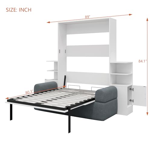 Quarte Queen Size Wall Murphy Bed with Sofa and Storage, Space-Saving Folding Bed for Home Office & Guest Room, Easy Assembly (A-Gray) Quarte