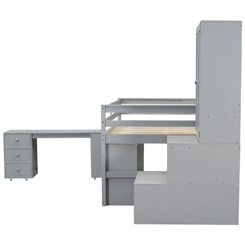 Merax Full Size Wood Loft Bed with Under-Bed Desk and A Big Storage, Storage Staircase,Drawers, Shelves, Integrated Wardrobe,Mobile Workstation,Gray Merax