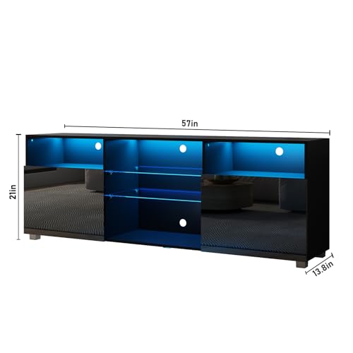 SUSSURRO LED TV Stand for 60/65 inch TV, Television Table Center Media Console with Drawer and Led Lights, High Glossy Modern Entertainment Center for Living Game Room Bedroom, Black SUSSURRO