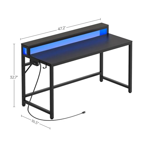 YATINEY 47.2" Computer Desk with Charging Station and LED Lights, Gaming Desk with Monitor Stand, 2-Tier Home Office Desk with 4 Side Hooks, for Living Room, Home Office, Black DN12UDBB YATINEY