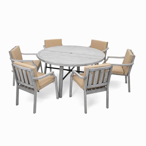 VilroCaz 6-Person Acacia Wood Outdoor Dinning Set, All-Weather Outdoor Round Dining Table with Umbrella Hole and 6 Cushion Chairs for Patio Backyard Garden VilroCaz