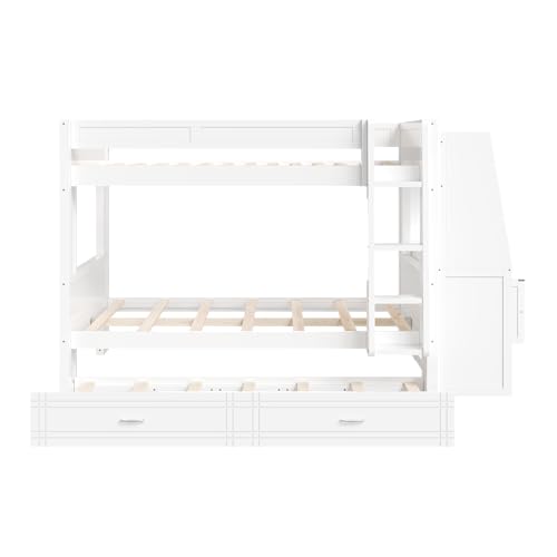 CKLMMC Full Size Multifunctional Bunk Bed with Desk and Bookshelves, Trundle, Space-Saving Wooden Bunk Bed for Kids & Teens (White/T) CKLMMC