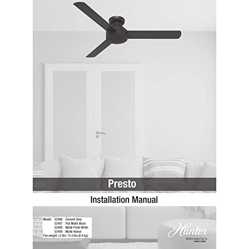 Hunter - Presto Indoor Low Profile Ceiling Fan, Wall Control, 52-inch, Matte Black, Casual-style, 3-speed WhisperWind Motor, 52407, for living rooms, bedrooms, home offices, kitchens Hunter