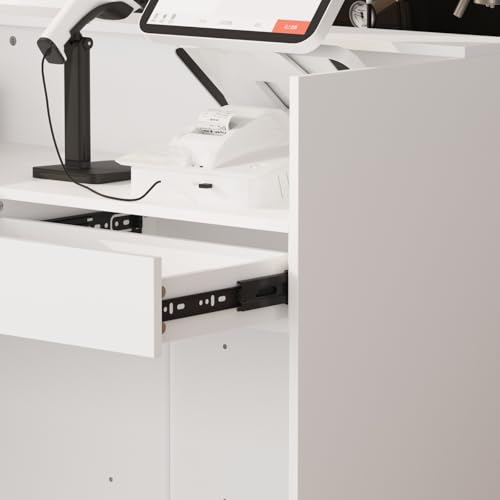 FAMAPY 70.9" L-Shape Reception Desk with Open Display Shelving, 2 Drawers & Cabinets, Modern Reception Counter for Shop White 70.9”W x 47.2”D x 39.4”H