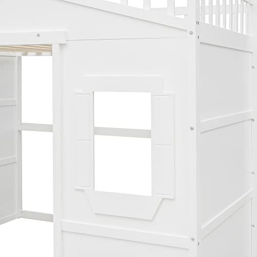 Merax Low Loft Bed Full Size with Underneath Play Space, Full House Loft Bed with 2 Windows and Ladder, Wood Bed Frame, No Box Spring Needed, White Merax