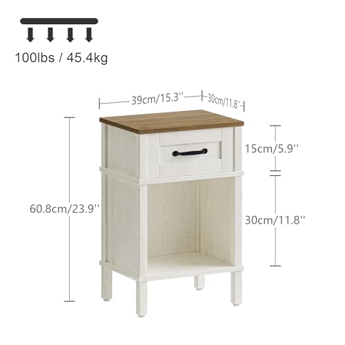 YAUKTAK White Farmhouse Nightstand with Drawer, Small Wooden Bedside Table, White End Table, Bedroom Side Table with Storage, Rustic Wood Night Stand LET512WR YAUKTAK