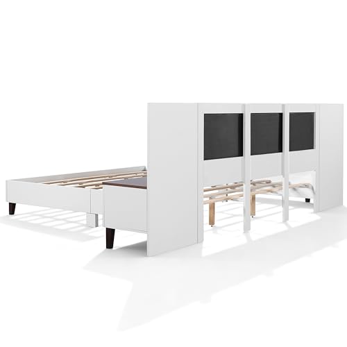 Merax King Size Bed Frame with 2 Nightstands and 2 Floating Shelves, Contemporary Platform Bed with Brown Polyester Upholstered Headboard, Middle Legs Support, No Box Spring Needed Merax