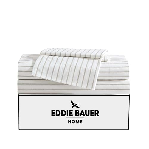Eddie Bauer - Queen Sheet Set, Cotton Percale Bedding Set, Super Soft and Bedding Set, Oeko-Tex Certified (Essential Stripe Beige, Queen) Eddie Bauer