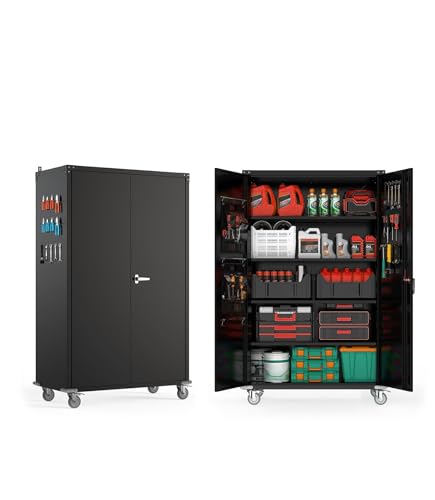 OREALLANDROL 72"x44"x22" Metal Garage Storage Cabinet with Wheels & Pegboards, Black Steel Locking Cabinet with 4 Adjustable Shelves, Rolling Tool for Garage, Basement, Home, Office OREALLANDROL