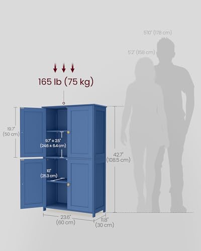 VASAGLE Floor Storage Cabinet, Shaker Cabinet with 2 Adjustable Shelves, 4 Doors, Tall Freestanding Organizer Unit, for Kitchen Bathroom Living Room, Bijou Blue UBBC553QE01S VASAGLE