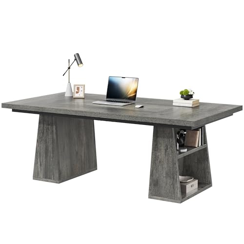 YITAHOME 63" Executive Desk, Large Office Desk Computer Desk with Double Pedestal and Storage Shelves, Wood Simple Workstations Writing Table Conference Table Business Furniture for Home Office, Grey YITAHOME