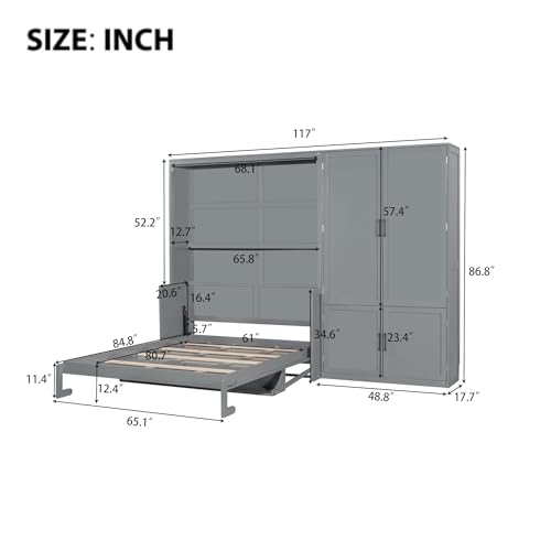 Merax Queen Size Murphy Bed Wall Bed with Closet and Wardrobe Storage for Bedroom,Gray Merax