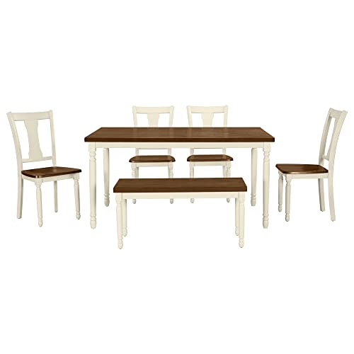 CKLMMC 6-Piece Dining Room Set, Classic Kitchen Furniture Set, Wooden Rectangular Table and 4 Chairs with Bench, 6-Person Configuration for Family Use (Brown+Cottage White@6) CKLMMC