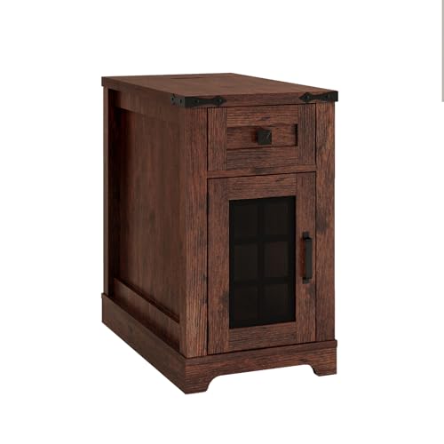 Fameill Farmhouse End Table with Charging Station & Led Lights,Narrow Sofa Side Table with Glass Barn Door & Drawer,Wood Rustic Nightstand Bedside Table for Living Room,Bedroom,Brown Fameill
