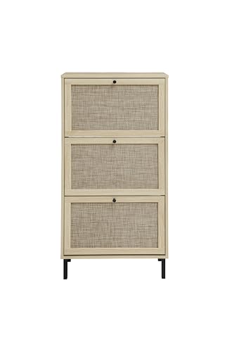 ZeHuoGe Natural Rattan Cabinet with 3 Flip Drawers, Free Standing Modern 3-Tier Shoe Storage Rack for Heels, Slippers, Entrance Hallway Entryway (3 Drawers) ZeHuoGe