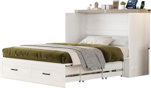 MERITLINE Queen Farmhouse Murphy Chest Bed with Storage Drawers and Charging Station, Wood Folding Hideaway Rustic Murphy Bed Cabinet with Storage for Adults,Space Saving (White)
