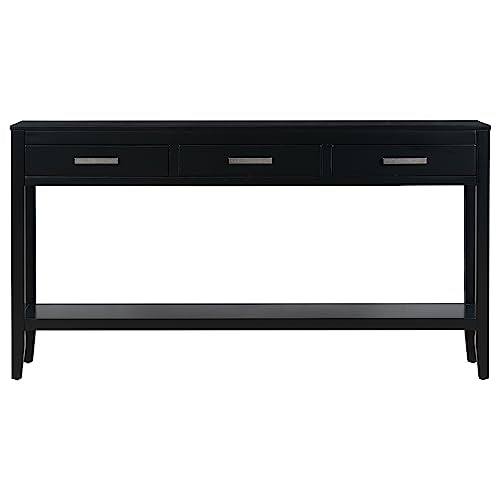 Merax Entryway Console Table with Storage, 3 Drawers Design/Wood Frame/Behind Couch & Sofa, Black Merax