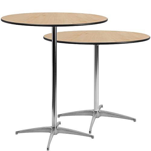 Adjustable 36'' Round Wood Cocktail Table with 30'' and 42'' Columns in Natural Finish Flash Furniture