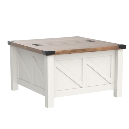 WAMPAT Modern Farmhouse Coffee Table, Square Wood Center Table with Gas Struts Lift-Top for Extra Large Hidden Storage, Metal Bracket Corner, Z-Shaped, White WAMPAT