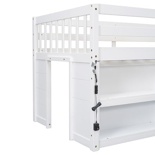 Softsea Twin Low Loft Bed with 2-Tier Shelves & LED Light in White SOFTSEA