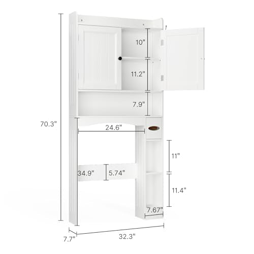Ahomly Over The Toilet Storage Cabinet, 32.3" W x 70.3" H Over Toilet Bathroom Organizer with Doors, Adjustable Shelves, Toilet Paper Holder, 2 Side Hooks, Space-Saver for Bathroom, Laundry, White Ahomly
