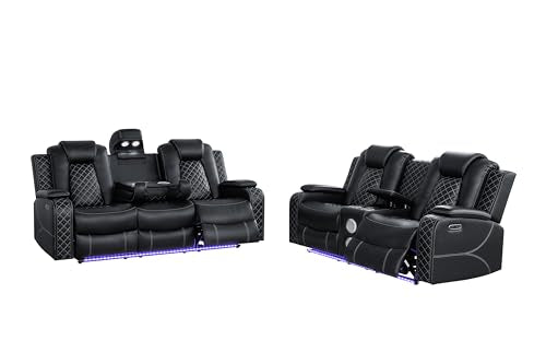Ball & Cast Power Recliner Sofa Set Leather Reclining Couch Home Theater Seating 3PCS Recliner Couch Loveseat & Chair Sets with Coffee Table,Reading Light,Cup Holders for Home Theater,Living Room