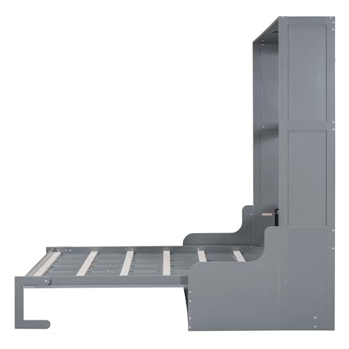 Merax Queen Size Murphy Bed Frame, Modern Wall Bed Can Be Folded into Cabinet, Chair with Cushion, Gray Merax