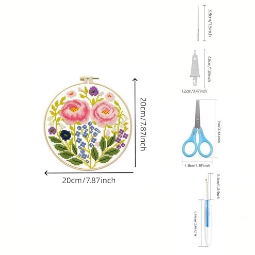 LSLFQYQSK Beginners Embroidery Kits - Flower DIY Cross Stitch Kits,Including,Stamped Flower Patterns,Hoop,Color Threads,Tools (Style A)