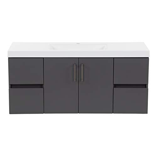 Spring Mill Cabinets Innes 48 Inch Floating Bathroom Vanity with White Single Sink Top, 2-Door Cabinet, 4 Soft-Close Drawers, 48.5" W x 18.75" D x 22.25" H, Cement Spring Mill Cabinets