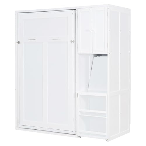 SOFTSEA Twin Size Murphy Bed with Desk, Bookshelf & Storage Cabinets, Space-Saving Foldable Wall Bed with Extendable Desk, White SOFTSEA