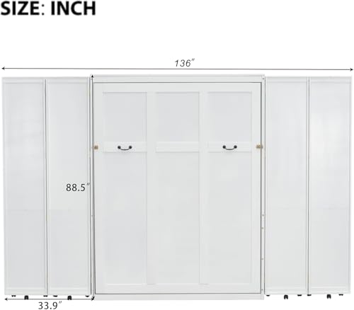 MERITLINE Queen Murphy Bed Cabinet with Storage Bookshelf Bookcase, Wood Hidden Foldable White Murphy Wall Bed with Storage Shelves for Adults MERITLINE