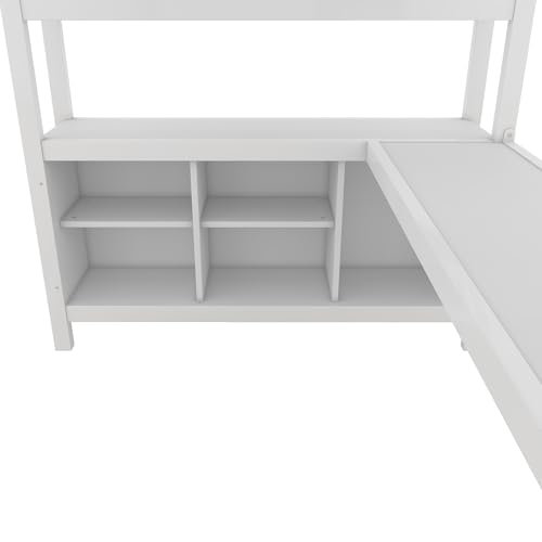 Bellemave Full Metal Loft Bed with Wardrobe, L-Shaped Desk, Storage Cubes and Shelves, Heavy Duty, White Bellemave