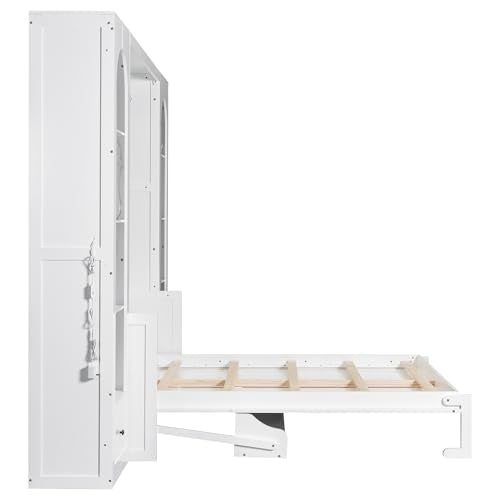 PVWIIK Queen Size Murphy Bed with Storage Drawers & Desk for Save Space & Small Space,Bedroom,Guest Room,Wall Bed Frame Folding into Cabinet Design w/LED & Storage Shelf,White PVWIIK