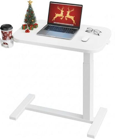 HUANUO 28Inch Bedside Table with Wheels, Height-Adjustable Rolling Computer Cart, Overbed Table with Cup Holder, Pneumatic Laptop Standing Desk for Home Office, White
