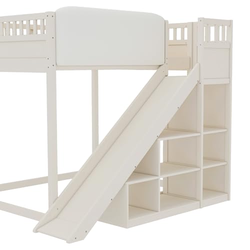 Bellemave Bunk beds Full Over Full with Slide and Stair and upholstered headboard, Low bunk/loft Bed for Kids,Beige Bellemave
