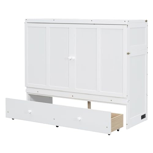 Merax Murphy Bed Cabinet Full Size with Storage Drawers, Chest Cube Bed for Guest Room, Built-in Sockets & USB Ports, for Home Office or Small Bedroom, White Merax
