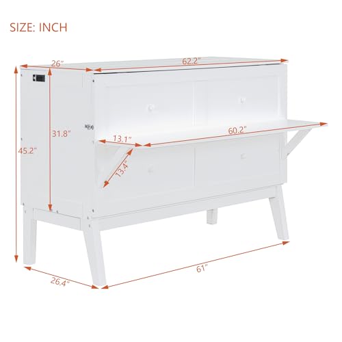 Jintop Queen Size Murphy Bed Chest,Cabinet Hideaway Bed with USB Port and Removable Shelves on Each Side,Wood Wall can be Folded,Platform Bedframe for Kids Bedroom,Student Dorms,White Jintop