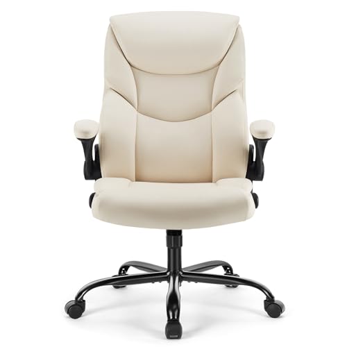 Sweetcrispy Ergonomic Office Chair Heavy Duty Task Desk Chair with Flip-up Arms, PU Leather, Adjustable Swivel Rolling Chair with Wheels, Beige Sweetcrispy