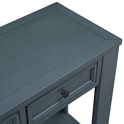 Knocbel Console Table with 4 Storage Drawers Bottom Shelf, Rustic Distressed Sofa Table for Entryway Hallway, Assembly Required, 63" W x 14" D x 30" H, Navy Knocbel