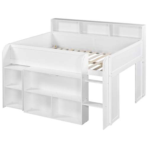 Merax Low Loft Bed with Pull-Out Desk, Full Size Loft Bed with 8 Storage Shelves and Lights, Wooden Kids Loft Bed with Safety Guardrail, Under-Bed Play Space, No Box Spring Needed, Noise-Free, White Merax