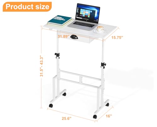 Adjustable Height Standing Desk With Drawer, Rolling Sit Stand Up Desk With Wheels, Small Sit To Stand Computer Desk, Adjustable Desktop Height, On Wheels, White, For Walking Pad Laptop Treadmill Cidaziya