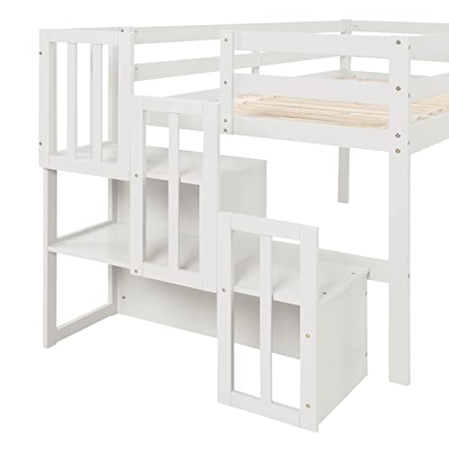 Twin Size Low Loft Bed with Stairs,Kids Loft Bed with Storage Staircase,Twin Bed Frame for Kids Boys Girls,White Bellemave
