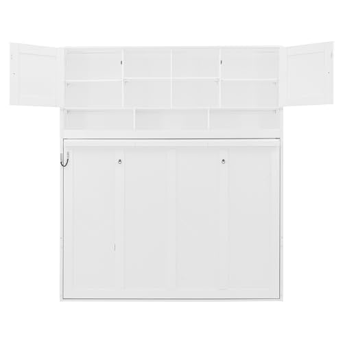SOFTSEA Queen Size Horizontal Murphy Bed with Shelves, Foldable Wall Bed with Top Cabinets, Space-Saving Hidden Murphy Bed Frame for Guest Room, Bedroom, Office, White SOFTSEA