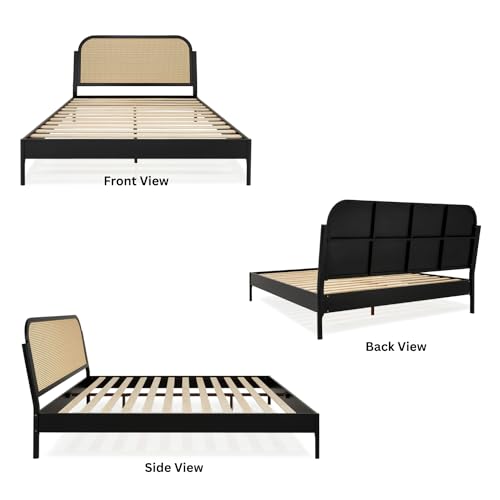 Aurelia Queen Size Bed Frame - Stylish Black Bohemian & Mid Century Modern Design with Solid Wood Support Bme
