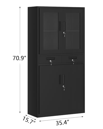 GarveeHome 71 in Tall Metal Garage Storage Cabinet, Display Cabinet with Glass Doors, 2 Drawers & 2 Adjustable Shelves, Lockable Garage Organizer for Home Office GarveeHome